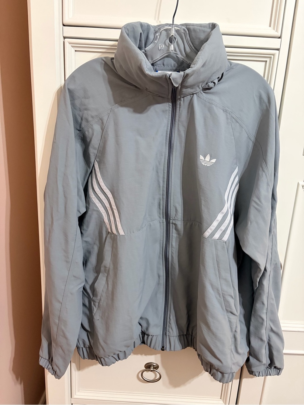 Adidas Light Gray Trefoil/ 3 Stripes Zip Jacket, large, hood in collar, large